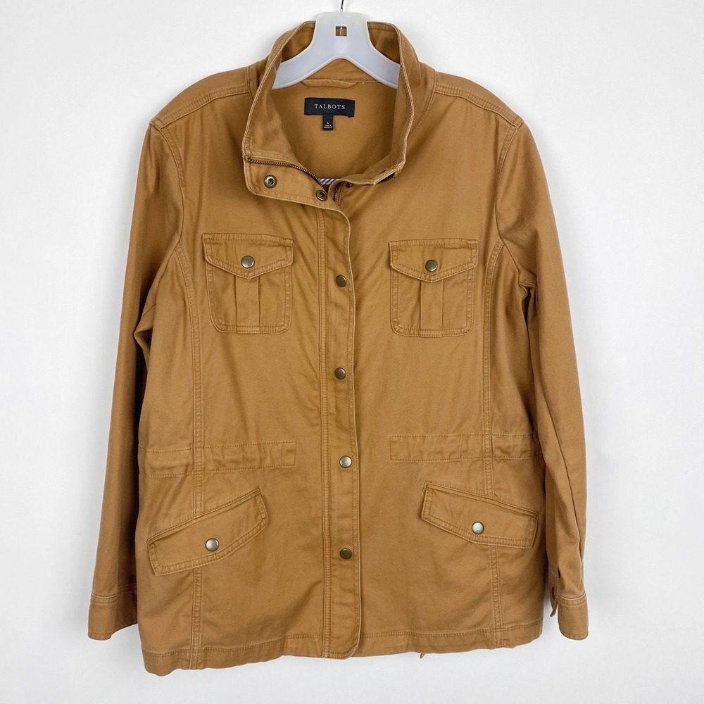 Talbots Field Utility Jacket Cotton Tencel Snap‎ Zip Coat Womens Large Brown